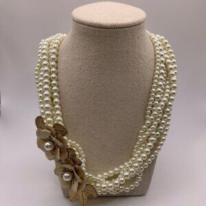 #097 Lovely multi strand faux  pearl and enameled flower necklace 16-18”
